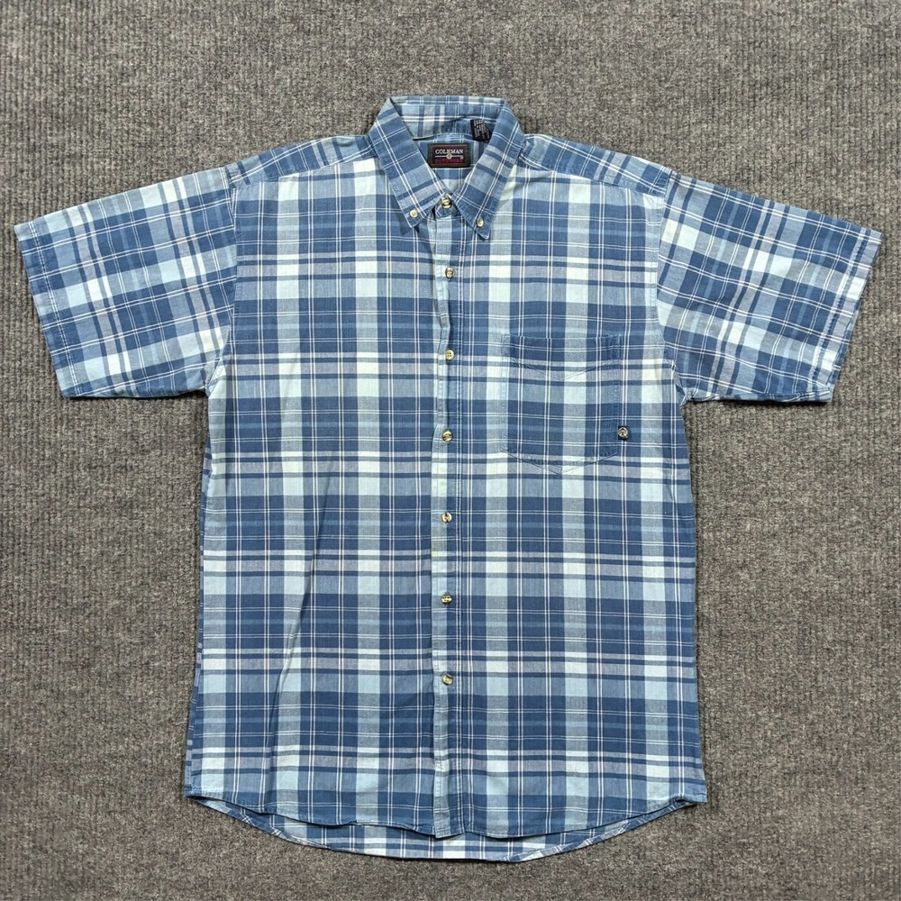 Coleman Outdoors Button Down Shirt Mens Large Blue Plaid Short‎ Sleeve Cotton